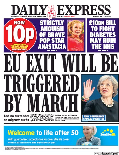 Daily Express Newspaper Front Page (UK) for 3 October 2016