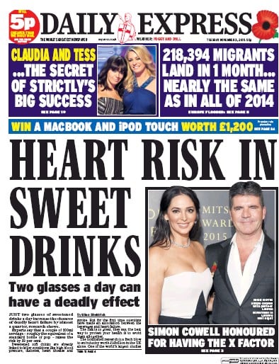 Daily Express Newspaper Front Page (UK) for 3 November 2015