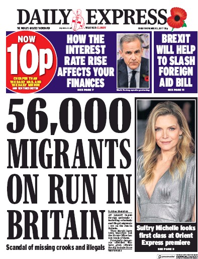 Daily Express Newspaper Front Page (UK) for 3 November 2017