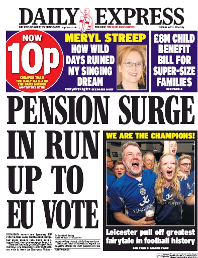 Daily Express Newspaper Front Page (UK) for 3 May 2016