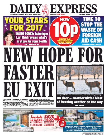 Daily Express Newspaper Front Page (UK) for 4 January 2017
