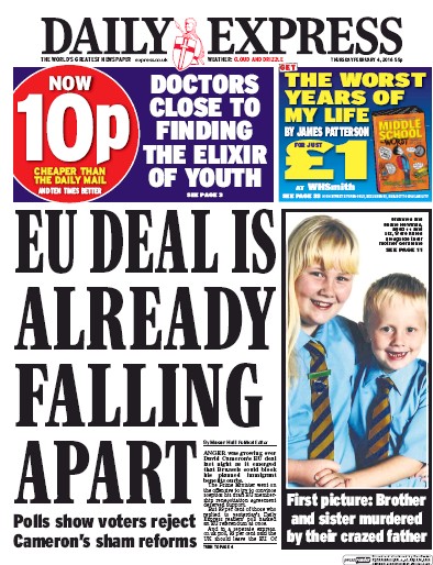 Daily Express Newspaper Front Page (UK) for 4 February 2016