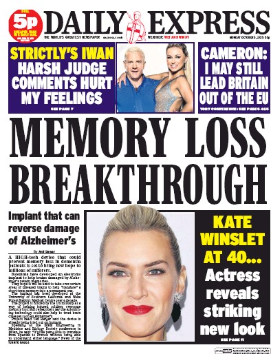 Daily Express Newspaper Front Page (UK) for 5 October 2015