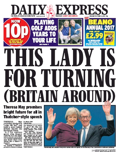 Daily Express Newspaper Front Page (UK) for 6 October 2016