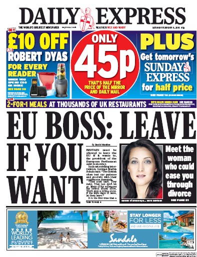 Daily Express Newspaper Front Page (UK) for 6 February 2016