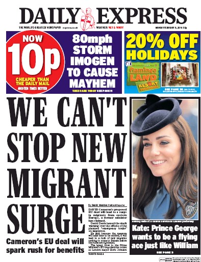 Daily Express Newspaper Front Page (UK) for 8 February 2016