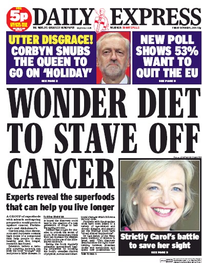 Daily Express Newspaper Front Page (UK) for 9 October 2015