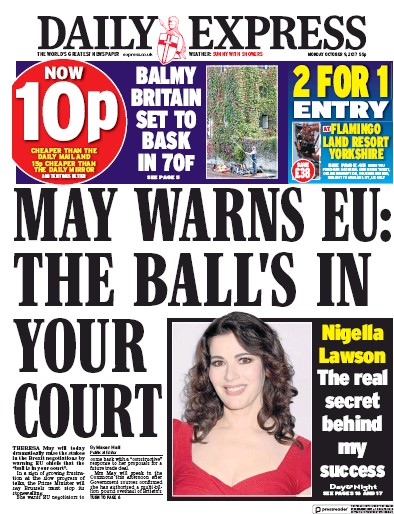 Daily Express Newspaper Front Page (UK) for 9 October 2017