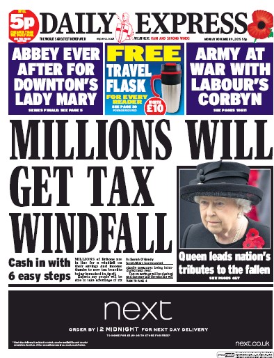 Daily Express Newspaper Front Page (UK) for 9 November 2015
