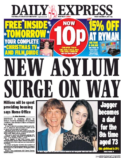 Daily Express Newspaper Front Page (UK) for 9 December 2016