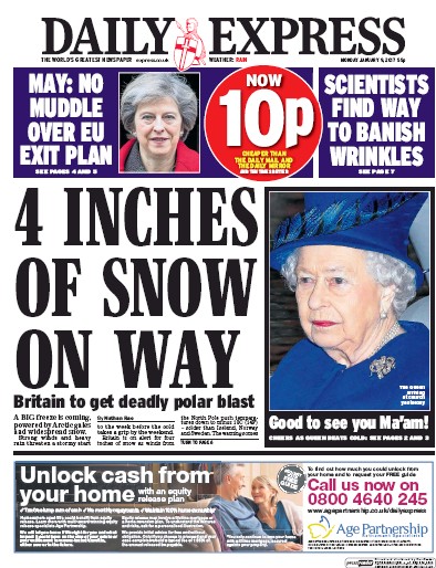 Daily Express Newspaper Front Page (UK) for 9 January 2017