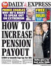 Daily Express (UK) Newspaper Front Page for 9 February 2015