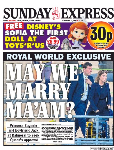 Daily Express Sunday Newspaper Front Page (UK) for 18 September 2016