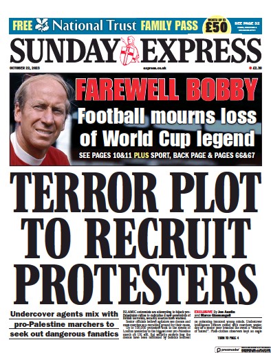 Daily Express Sunday Newspaper Front Page (UK) for 22 October 2023
