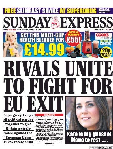 Daily Express Sunday Newspaper Front Page (UK) for 7 February 2016