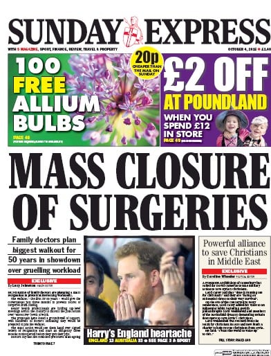 Daily Express Sunday Newspaper Front Page (UK) for 10 October 2015