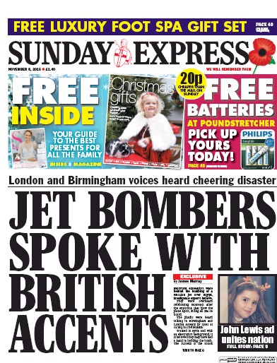 Daily Express Sunday Newspaper Front Page (UK) for 14 November 2015