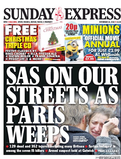 Daily Express Sunday Newspaper Front Page (UK) for 15 November 2015