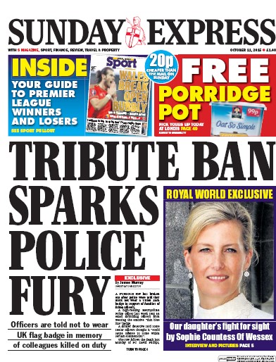 Daily Express Sunday Newspaper Front Page (UK) for 17 October 2015