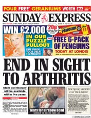 Daily Express Sunday (UK) Newspaper Front Page for 30 August 2015