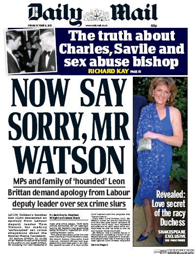 Daily Mail Newspaper Front Page (UK) for 10 October 2015