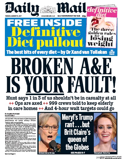 Daily Mail Newspaper Front Page (UK) for 10 January 2017