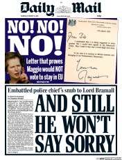 Daily Mail (UK) Newspaper Front Page for 11 February 2016