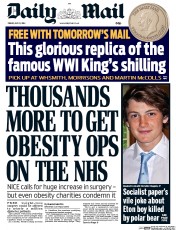 Daily Mail Newspaper Front Page (UK) for 11 July 2014