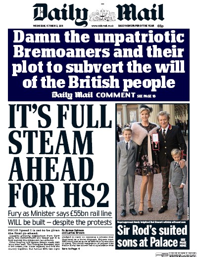 Daily Mail Newspaper Front Page (UK) for 12 October 2016