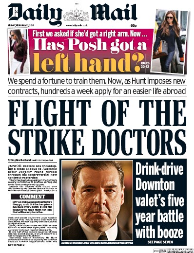 Daily Mail Newspaper Front Page (UK) for 12 February 2016