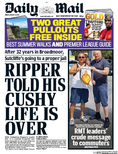 Daily Mail Newspaper Front Page (UK) for 12 August 2016