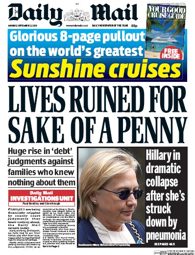 Daily Mail Newspaper Front Page (UK) for 12 September 2016