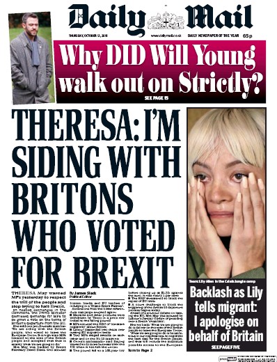 Daily Mail Newspaper Front Page (UK) for 13 October 2016