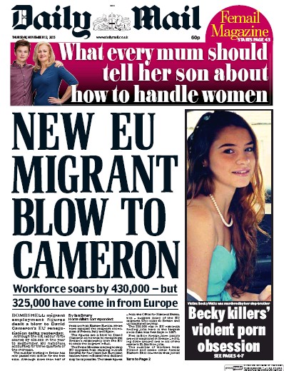 Daily Mail Newspaper Front Page (UK) for 13 November 2015