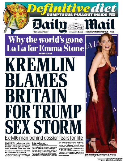 Daily Mail Newspaper Front Page (UK) for 13 January 2017