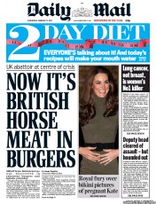 Daily Mail (UK) Newspaper Front Page for 13 February 2013
