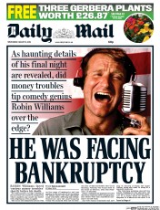 Daily Mail (UK) Newspaper Front Page for 13 August 2014