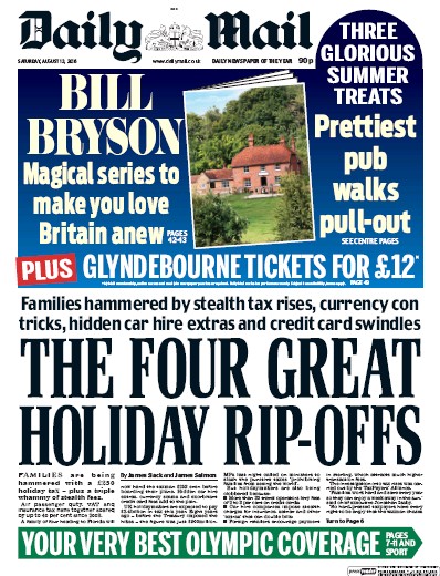 Daily Mail Newspaper Front Page (UK) for 13 August 2016