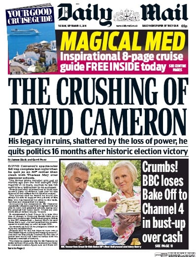 Daily Mail Newspaper Front Page (UK) for 13 September 2016
