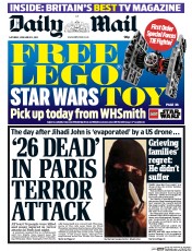 Daily Mail (UK) Newspaper Front Page for 14 November 2015