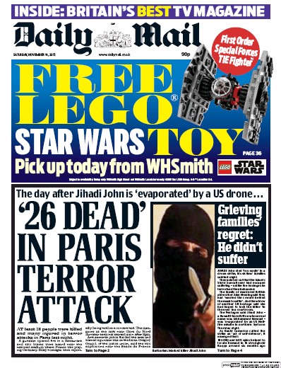 Daily Mail Newspaper Front Page (UK) for 14 November 2015