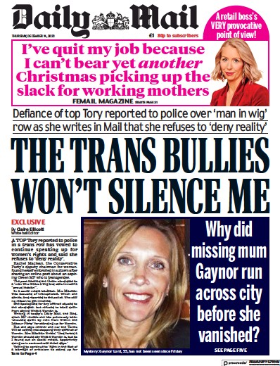Daily Mail Newspaper Front Page (UK) for 14 December 2023