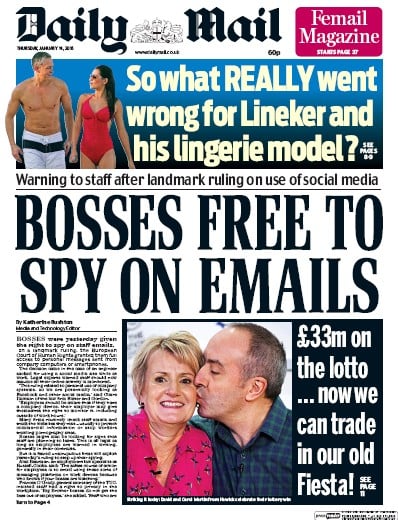 Daily Mail Newspaper Front Page (UK) for 14 January 2016
