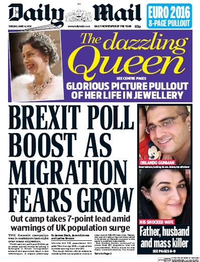 Daily Mail Newspaper Front Page (UK) for 14 June 2016
