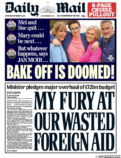 Daily Mail Newspaper Front Page (UK) for 14 September 2016