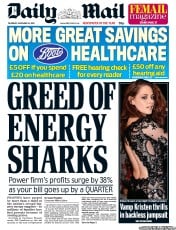 Daily Mail (UK) Newspaper Front Page for 15 November 2012