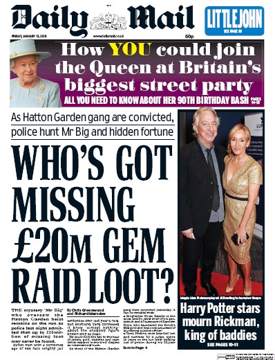 Daily Mail Newspaper Front Page (UK) for 15 January 2016