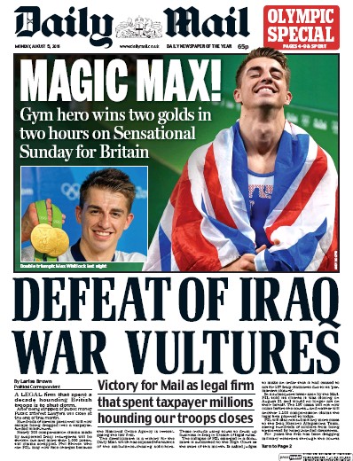 Daily Mail Newspaper Front Page (UK) for 15 August 2016