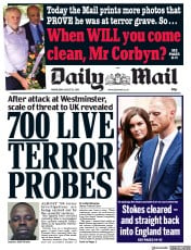 Daily Mail (UK) Newspaper Front Page for 15 August 2018