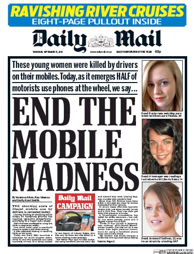 Daily Mail Newspaper Front Page (UK) for 15 September 2016